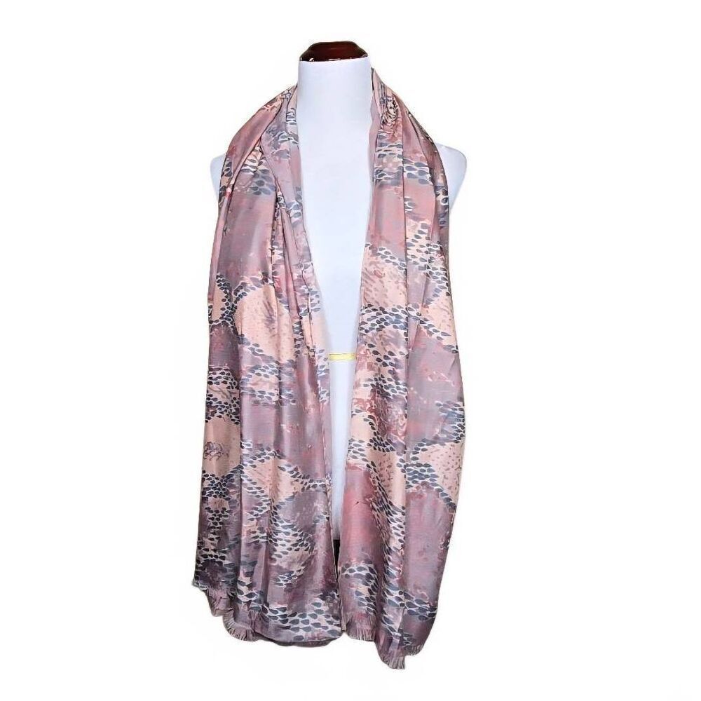 Snakeskin Print Fringe Trim Scarf Wrap Oblong Pink Grey
